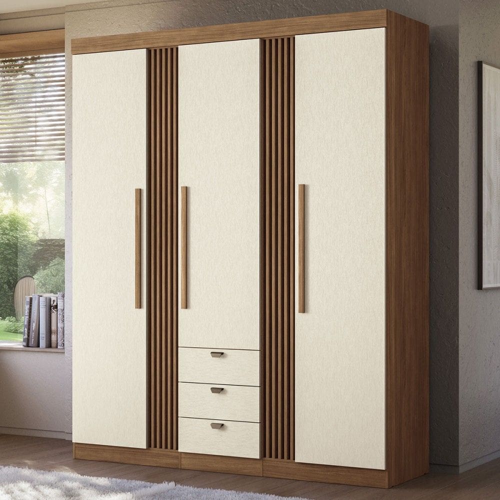 Guarda-Roupa Casal 3 Portas 3 Gavetas Ripado Jatoba/Areia 16384 - Santos Andirá
