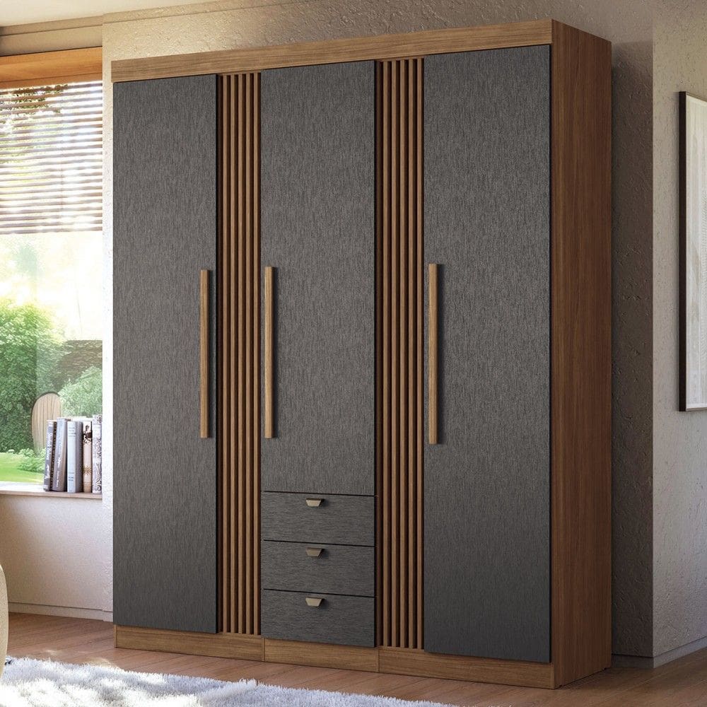 Guarda-Roupa Casal 3 Portas 3 Gavetas Ripado Jatoba/Grafite 16384 - Santos Andirá