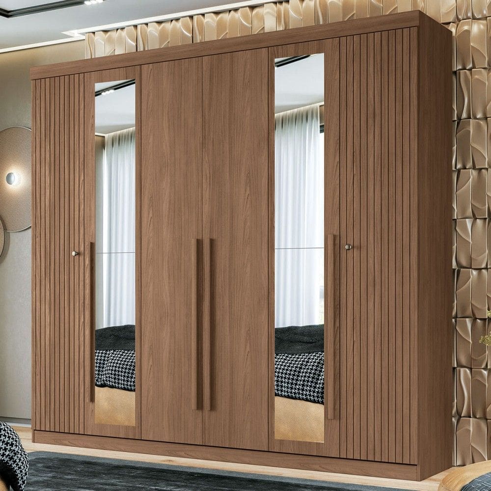 Guarda-Roupa Casal Buriti 6 Portas 4 Gavetas com Espelho Ripado Flex 16234 Jatobá - Santos Andirá