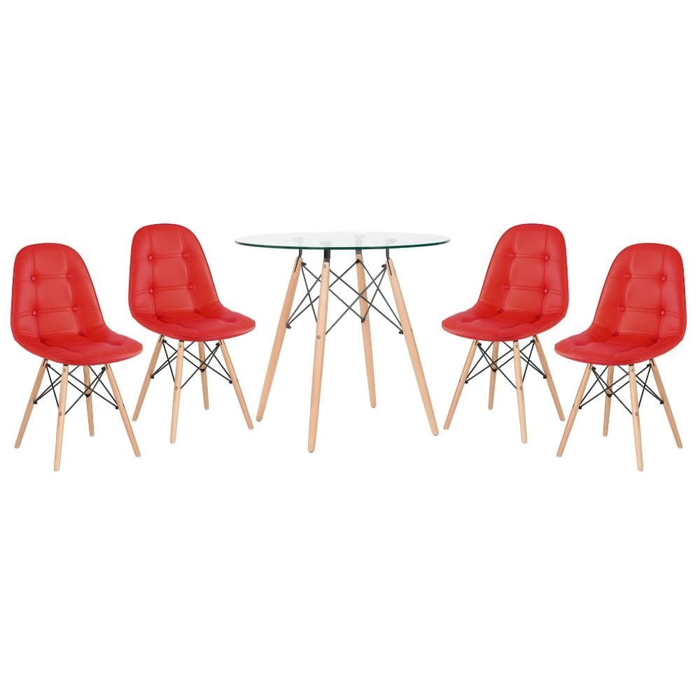 KIT - Mesa de vidro Eames 80 cm + 4 cadeiras Eames Botonê