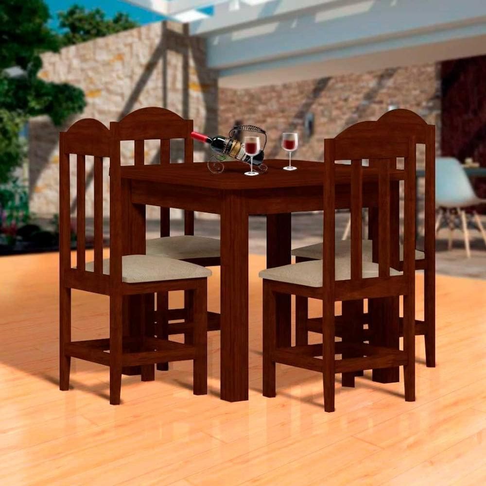 Mesa de Jantar com 4 Cadeiras Estofadas Madeira Maciça Castanho Shop JM