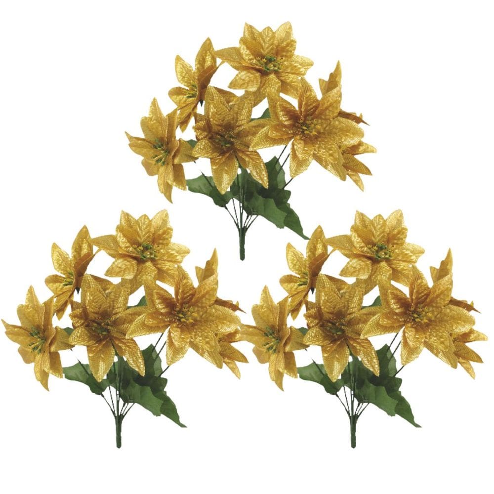 Jogo 3 Buquês Natalino Bico de Papagaio Dourado Prime 30cm 7 Flores - Magizi