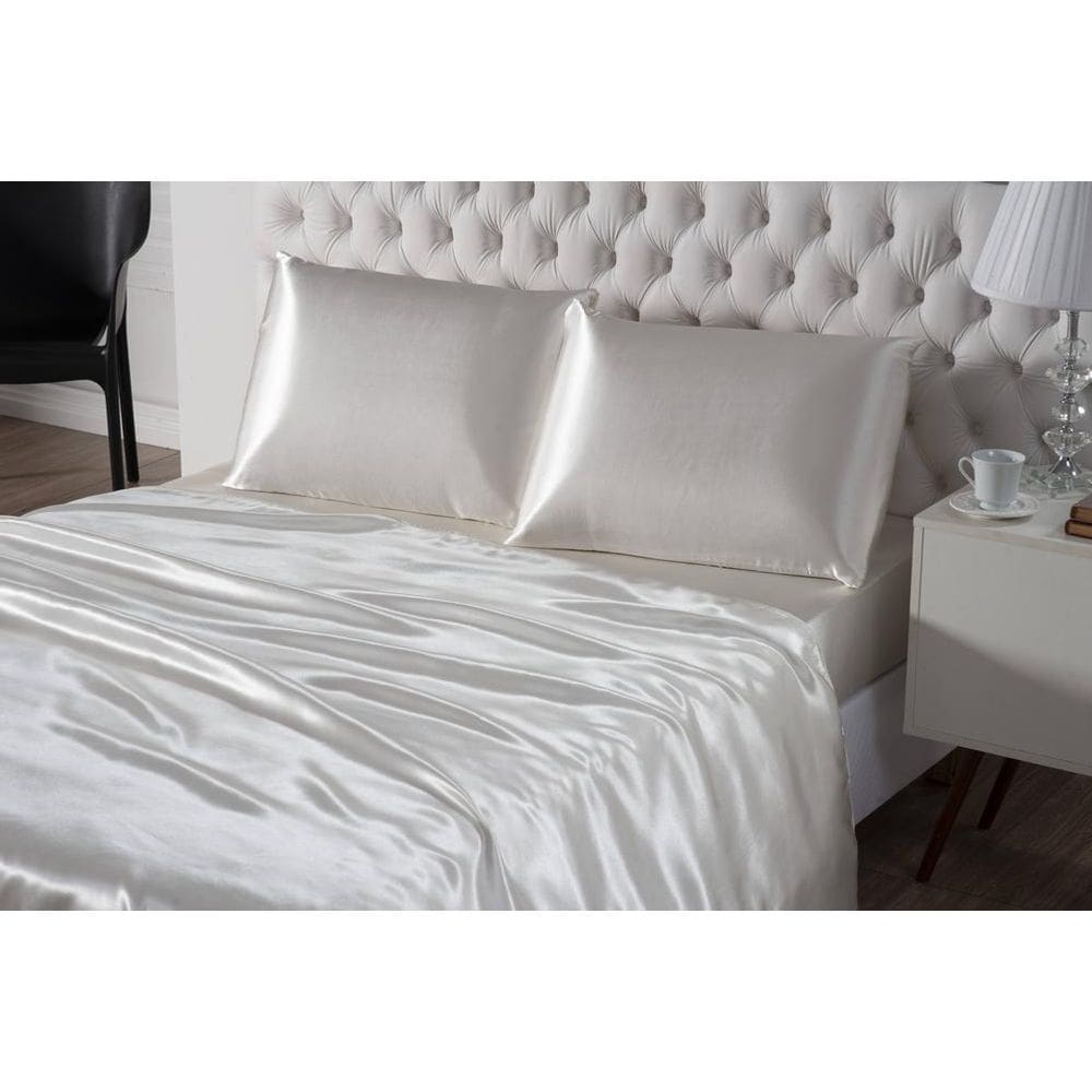 Kit Lençol De Seda 4 Peças Casal Queen Pérola Cetim