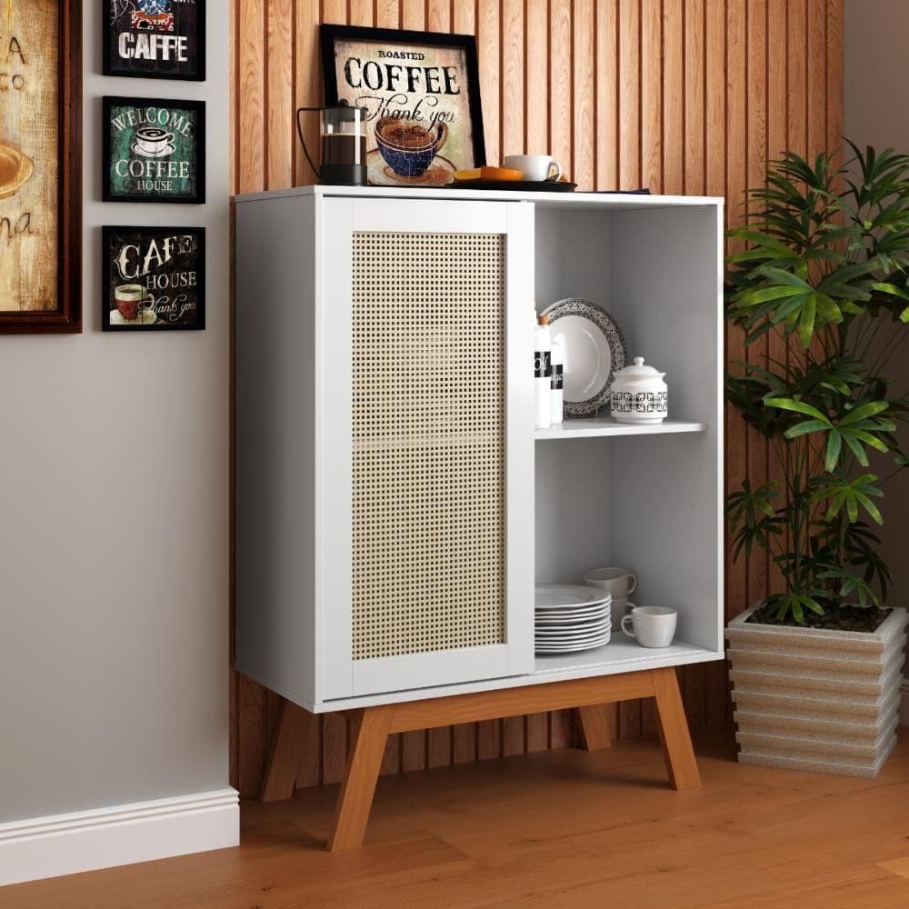 Balcao Alto Aparador Buffet Com Porta De Correr Bali Pés Em Madeira Branco