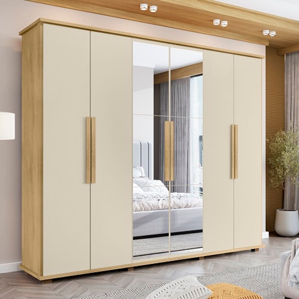 Guarda-Roupa Casal Com Espelho 6 Portas 4 Gavetas Canadá Cinamomo/Off White – RV Móveis