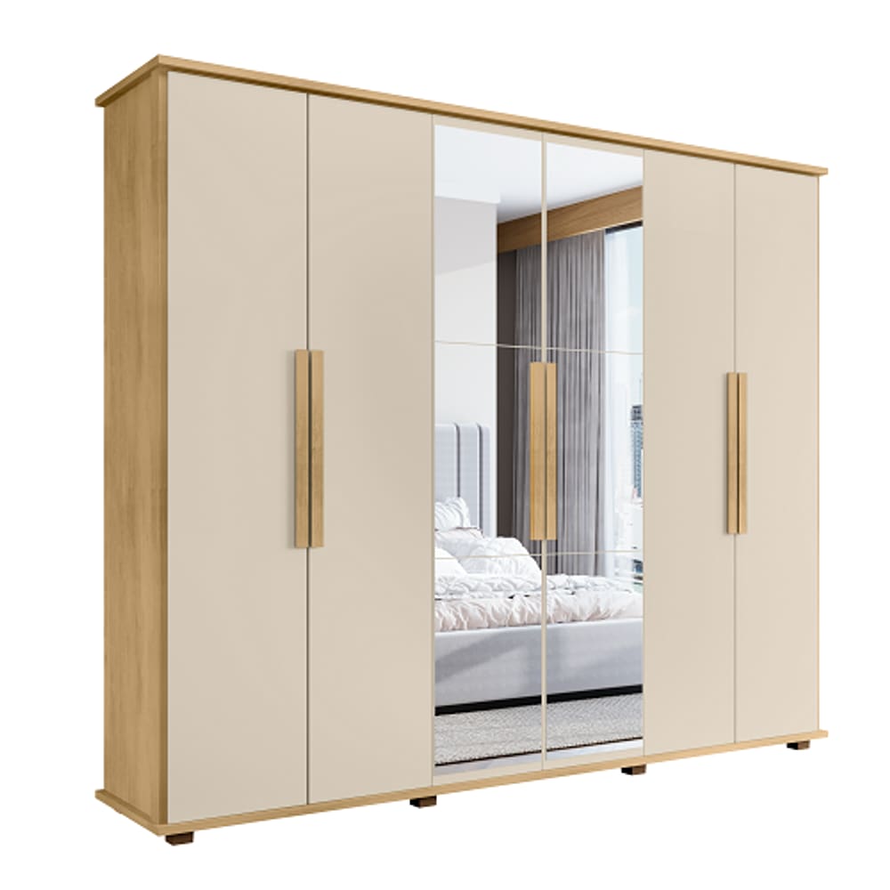 Guarda-Roupa Casal Com Espelho 6 Portas 4 Gavetas Canadá Cinamomo/Off White – RV Móveis