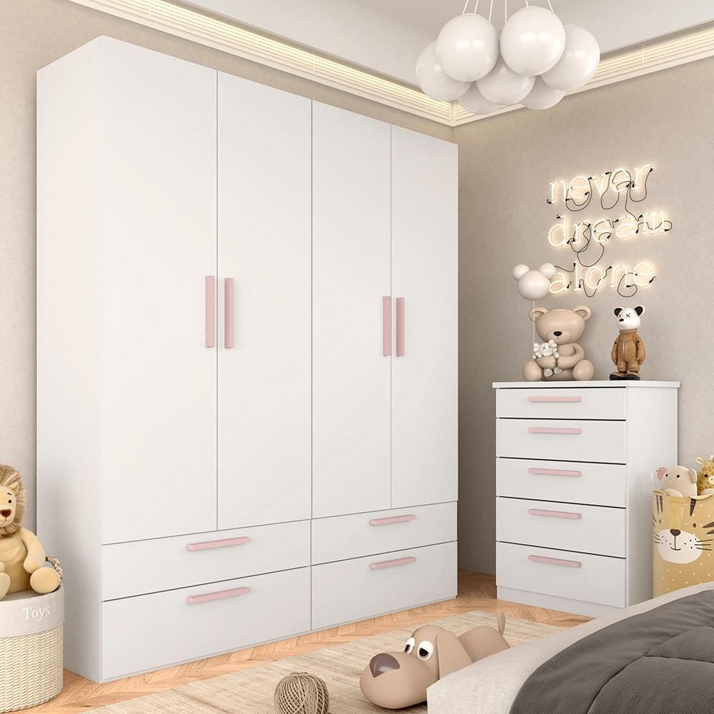 Modulado Infantil Joy Com Cômoda 5 Gavetas Branco/rosa - M.a