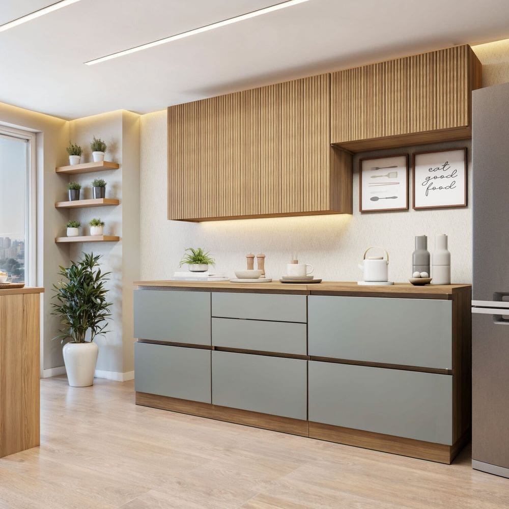 Cozinha Completa Modulada 4 Peças 6 Portas 4 Gavetas com Rodapé Norten Marrom/Verde