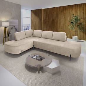 Sofá de Canto Orgânico 4 Lugares 265cm Base de Ferro Chaise Esquerda Luna Bege Claro