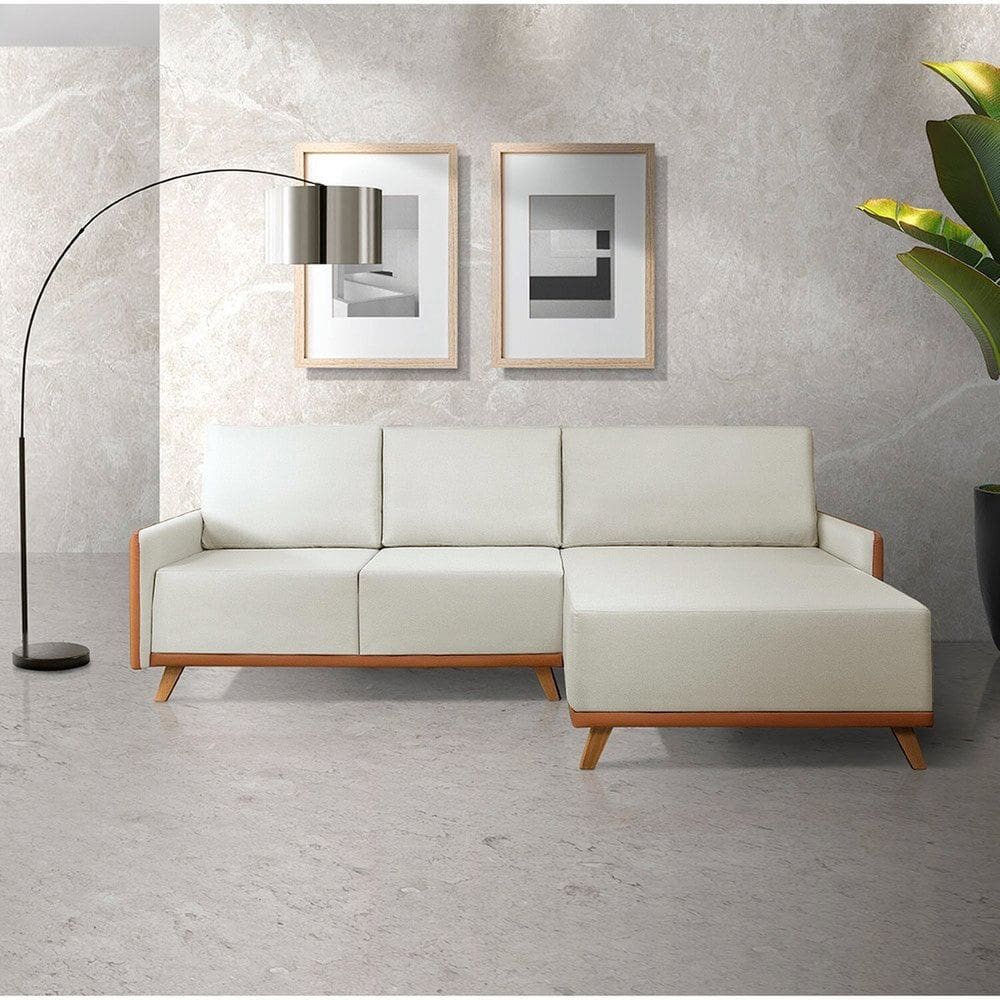 Sofá 4 Lugares com Chaise Lado Direito 258cm Sintético Geribá Bege / Paçoca