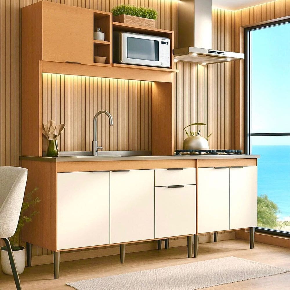 Cozinha Compacta 123cm com Balcão Cooktop Elegance Freijó / Off White