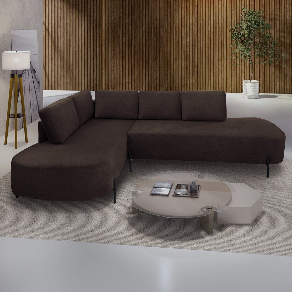Sofá de Canto Orgânico 4 Lugares 265cm Base de Ferro Chaise Esquerda Luna Marrom