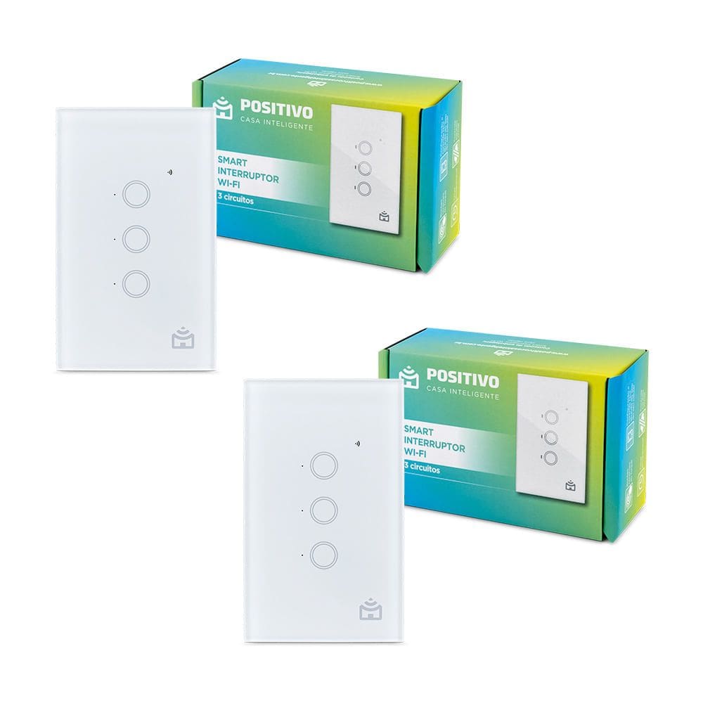 Kit 2 Smart Interruptor Wi-Fi Positivo Casa Inteligente - 3 Circuitos Touch - 2000W - 10A - Google Assistente e Alexa
