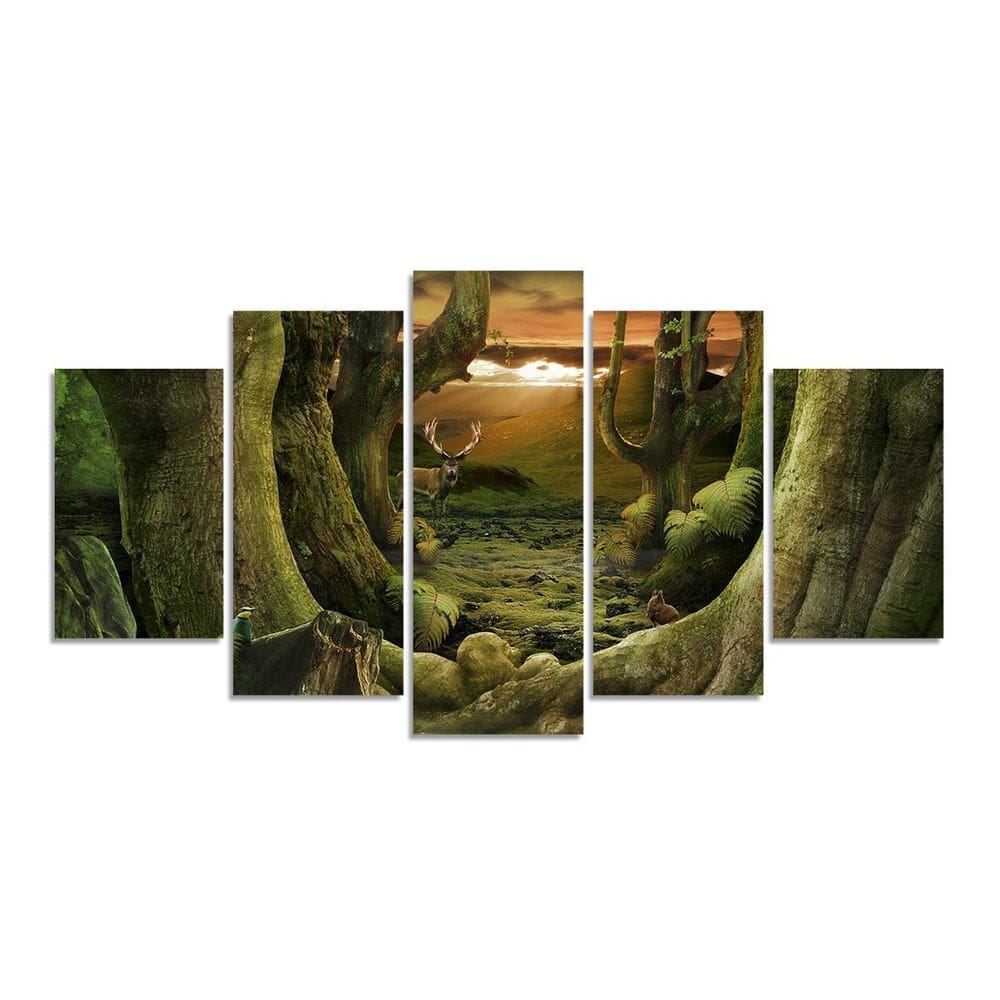 Kit 5 Quadros Decorativos Animais Floresta Amanhecer