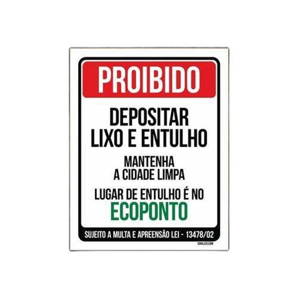 Placa Proibido Depositar Lixo E Entulho Ecoponto 18X23
