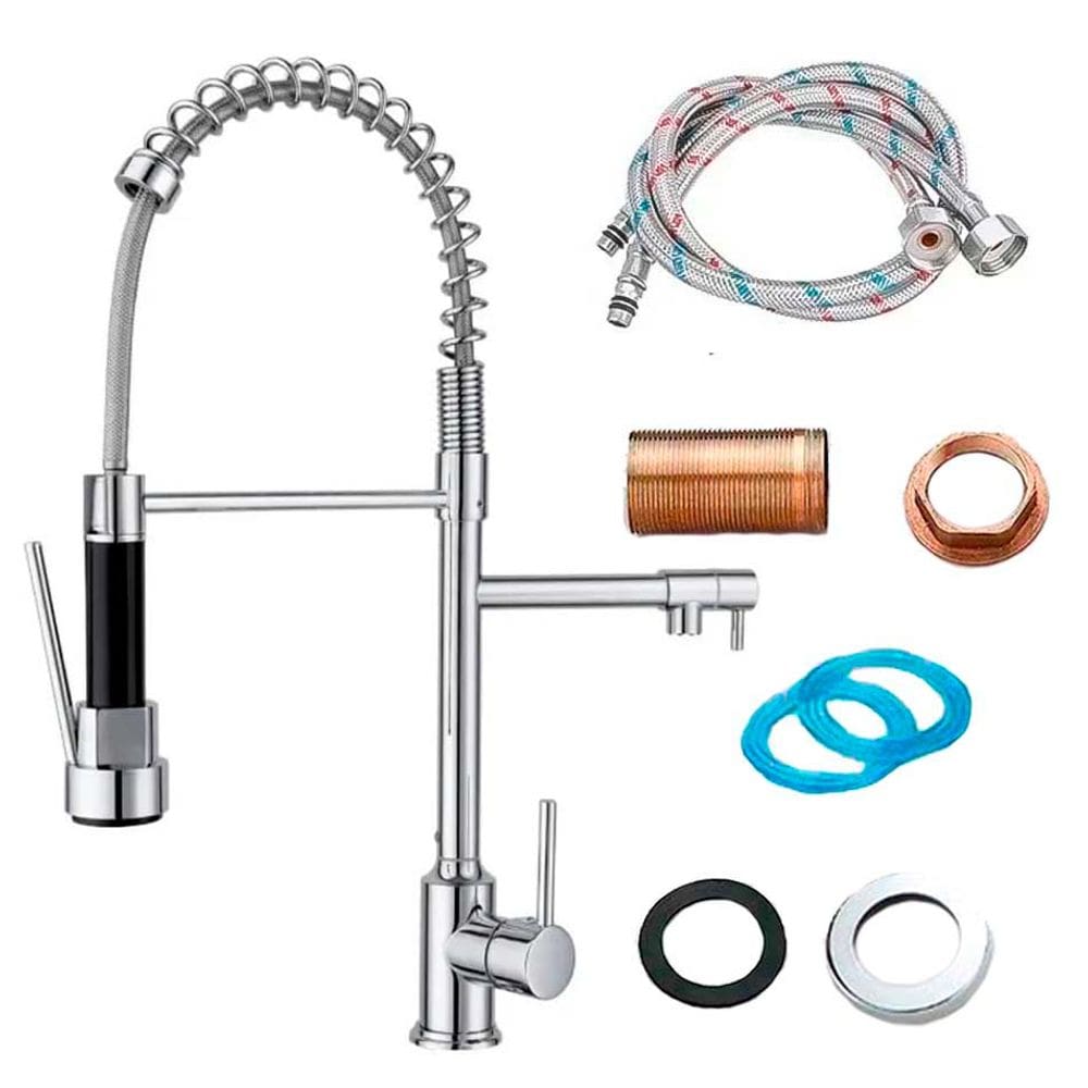 Torneira para Cozinha Gourmet Luxo Aço Inox Dupla de Mesa Com Monocomando Misturador Agua Quente e Fria Mola - Cromada