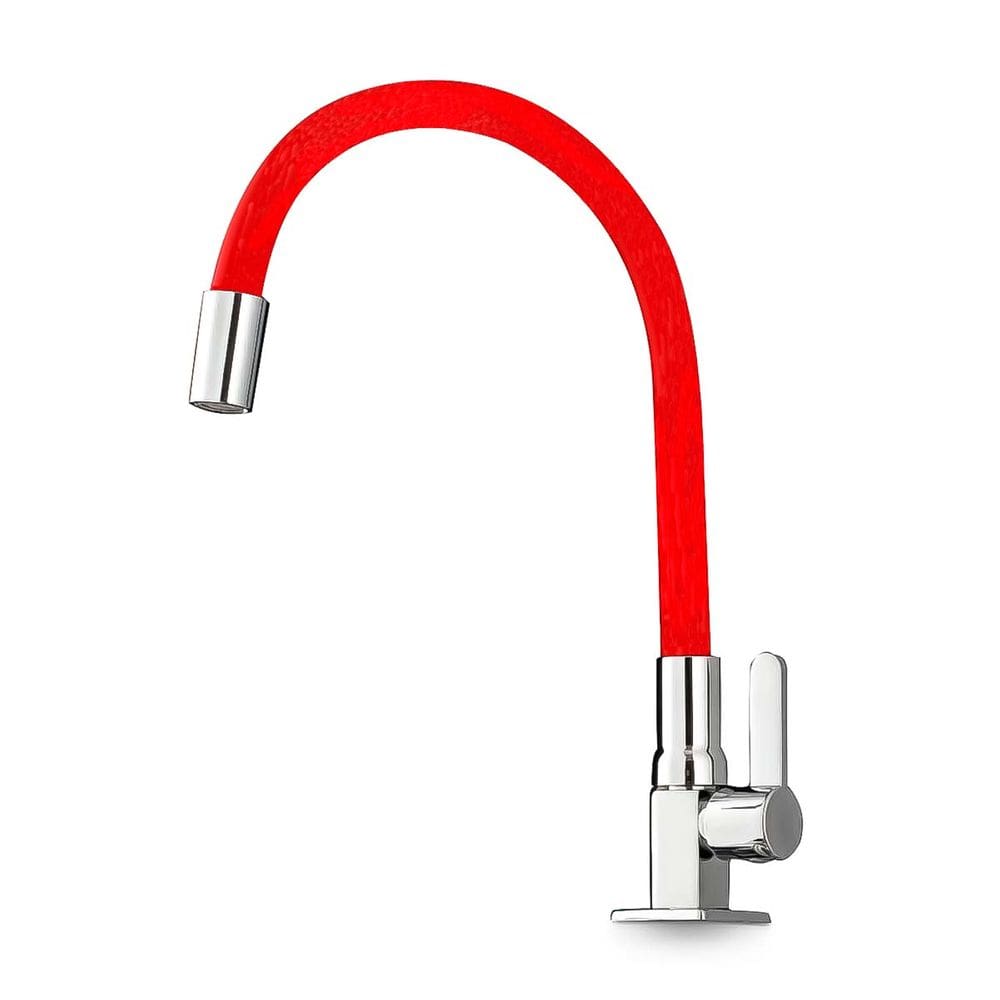 Torneira Gourmet Inox Grande 58cm Monocomando para Cozinha de Mesa Bancada Pia Flexível 360 Cromada e Vermelha 1/4 volta