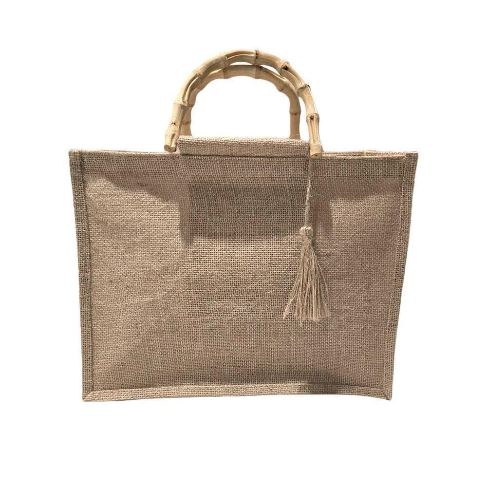 Bolsa De Juta Palha Alça Bambu Feminina Praia Piscina Grande Bege