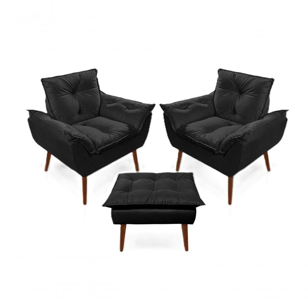 2 Poltronas Opala com 1 Puff Decorativas Confortáveis para Sala, Quarto, Recepção - Suede Luxo Preto