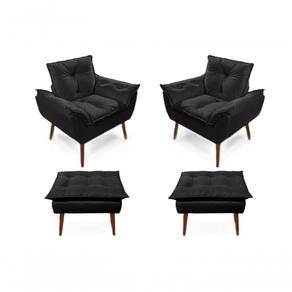 2 Poltronas Opala com 2 Puff Decorativa Confortável para Sala Quarto Recepção Suede Luxo - Preto