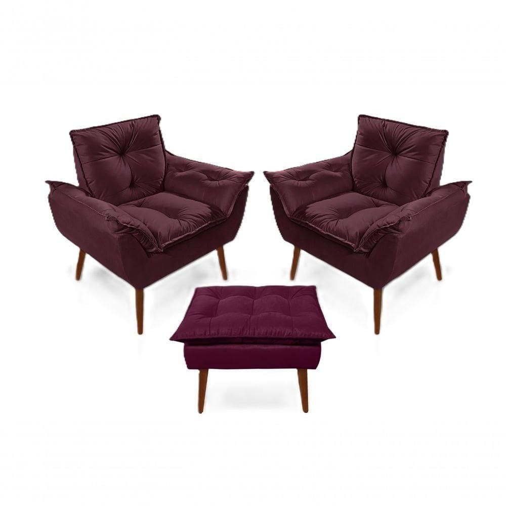 2 Poltronas Opala com 1 Puff Decorativa Confortável para Sala, Quarto, Recepção Suede Luxo - Vermelho Bordô