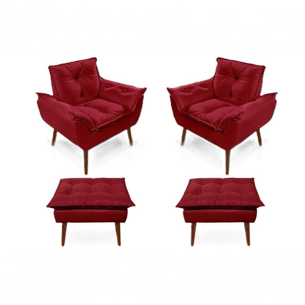 2 Poltronas Opala Com 2 Puff Decorativa Confortável Para Sala Quarto Recepção Suede Luxo Vermelho