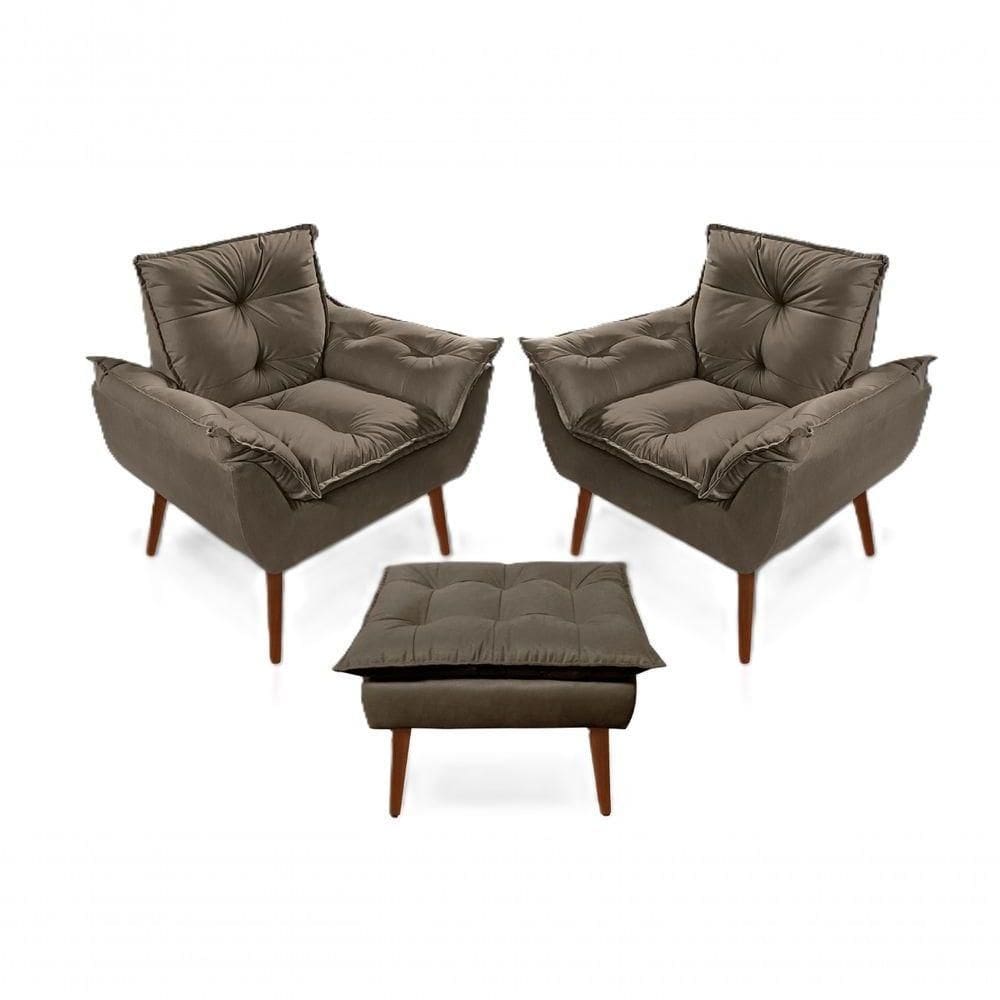 2 Poltronas Opala com 1 Puff Decorativas Confortáveis para Sala, Quarto, Recepção - Suede Luxo Marrom