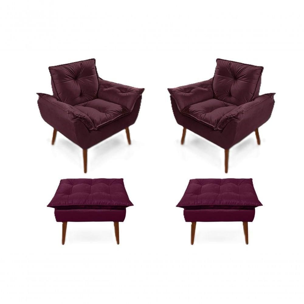 2 Poltronas Opala com 2 Puff Decorativa Confortável para Sala Quarto Recepção Suede Luxo Bordô