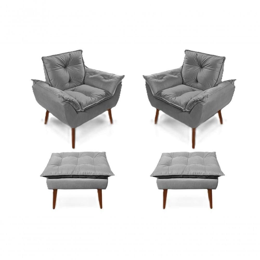 2 Poltronas Opala com 2 Puffs Decorativas Confortáveis para Sala, Quarto, Recepção - Suede Luxo Cinza Claro