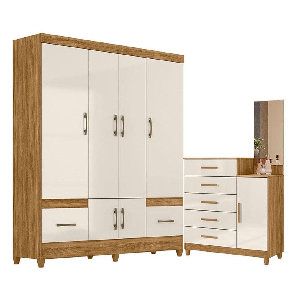 Guarda Roupa Casal MS912 e Cômoda Lisboa Freijó Off White – Moval