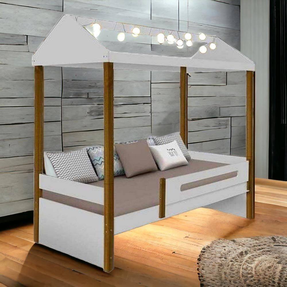 Cama Casa Solteiro Lara Branca Com Led E Colchão
