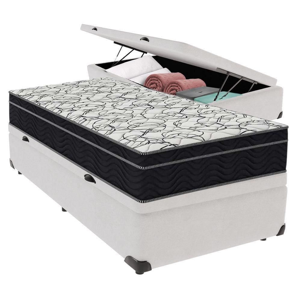 Cama + Box Com Bau Solteiro Colchão Extra Firme Airtech Ortobom D45 Branco