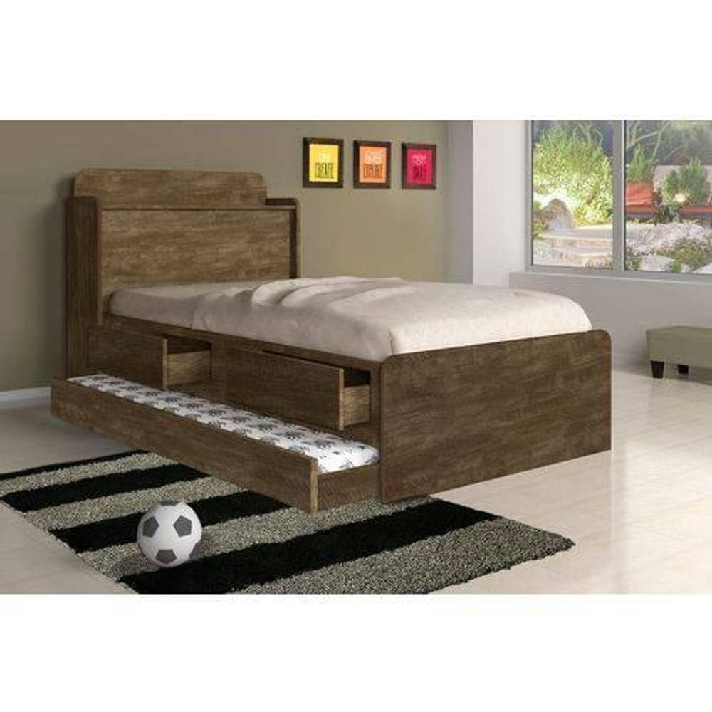 Cama Solteiro Tamires Baú Castanho Com Auxiliar