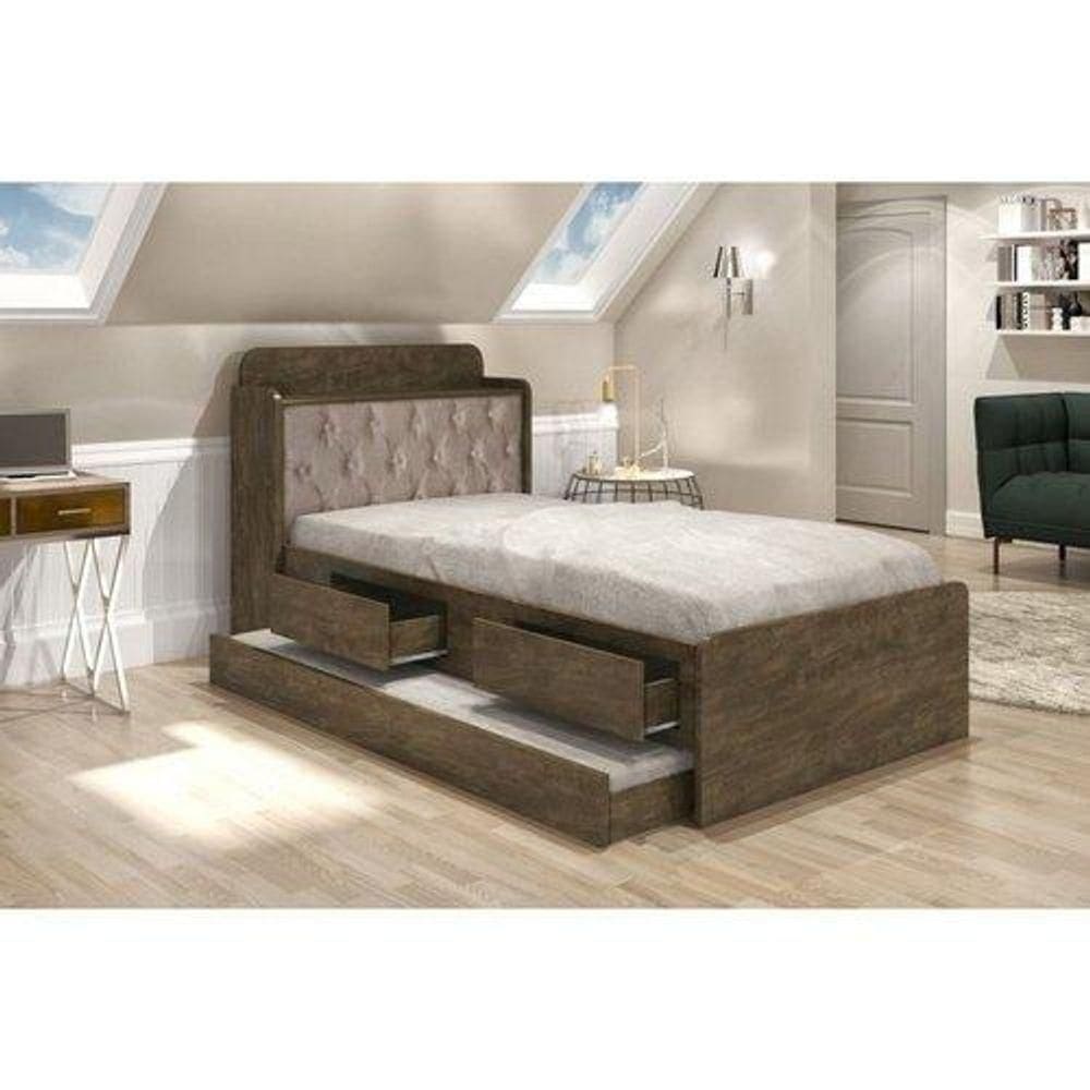 Cama Tamires Solteiro 0,88cm Com Auxiliar Castanho Com Capitonê Bege - Cambel