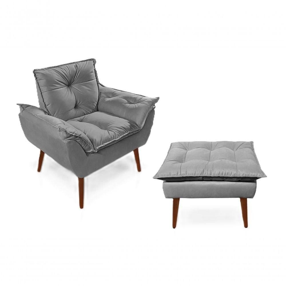 Poltronas para Amamentação com 1 Puff Decorativas Confortáveis para Sala, Quarto, Recepção - Suede Luxo Cinza Claro