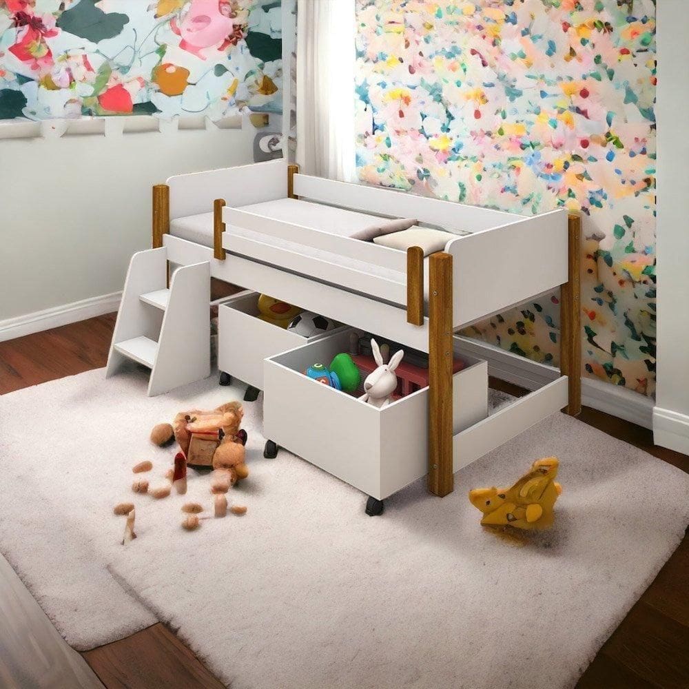 Cama Paty Branco-mel C- Colchão, 02 Nichos E Escadinha