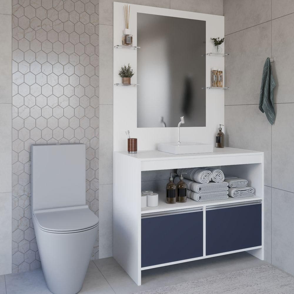 Conjunto Gabinete E Espelheira Plena Max 80cm Branco Azul