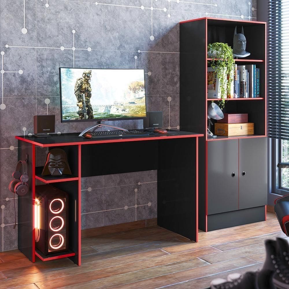 Conjunto Shadow Império Preto Fosco-vermelho: Armário Shadow + Mesa Shadow