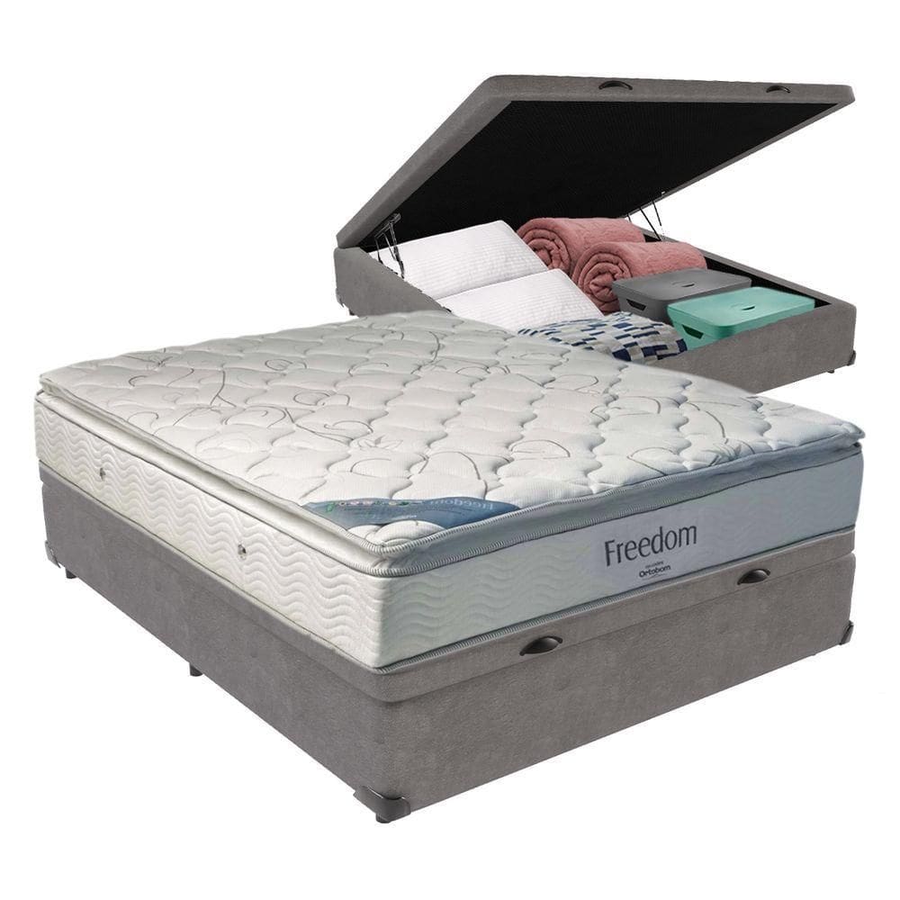Cama Box Com Baú Casal E Colchão Freedom Ortobom D33 Cinza