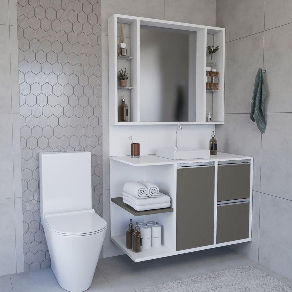 Conjunto Gabinete E Espelheira Plena Premium 120cm Branco Bronze