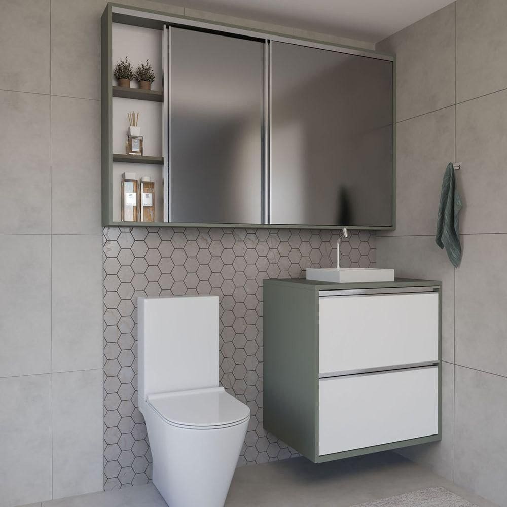 Conjunto Gabinete E Espelheira Plena Versati 70cm Verde Branco