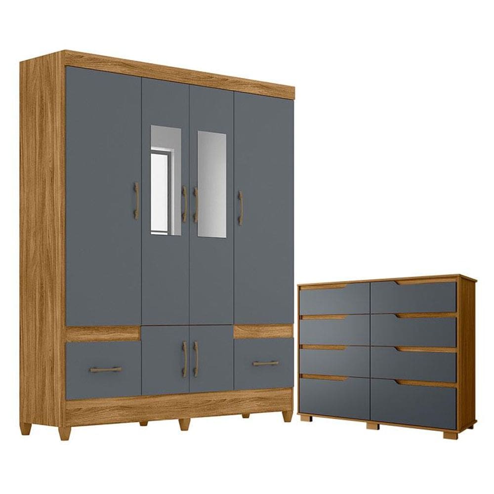 Guarda Roupa Casal MS912 com espelho e Cômoda Georgia Freijó Cinza – Moval