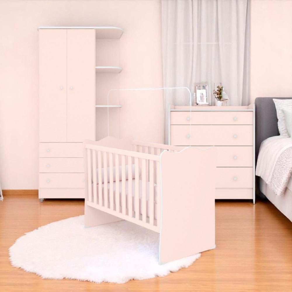 Conjunto Infantil Aurora Rosa: Berço Aurora + Kit Rodízios + Cômoda Aurora + Guarda-roupa Aurora