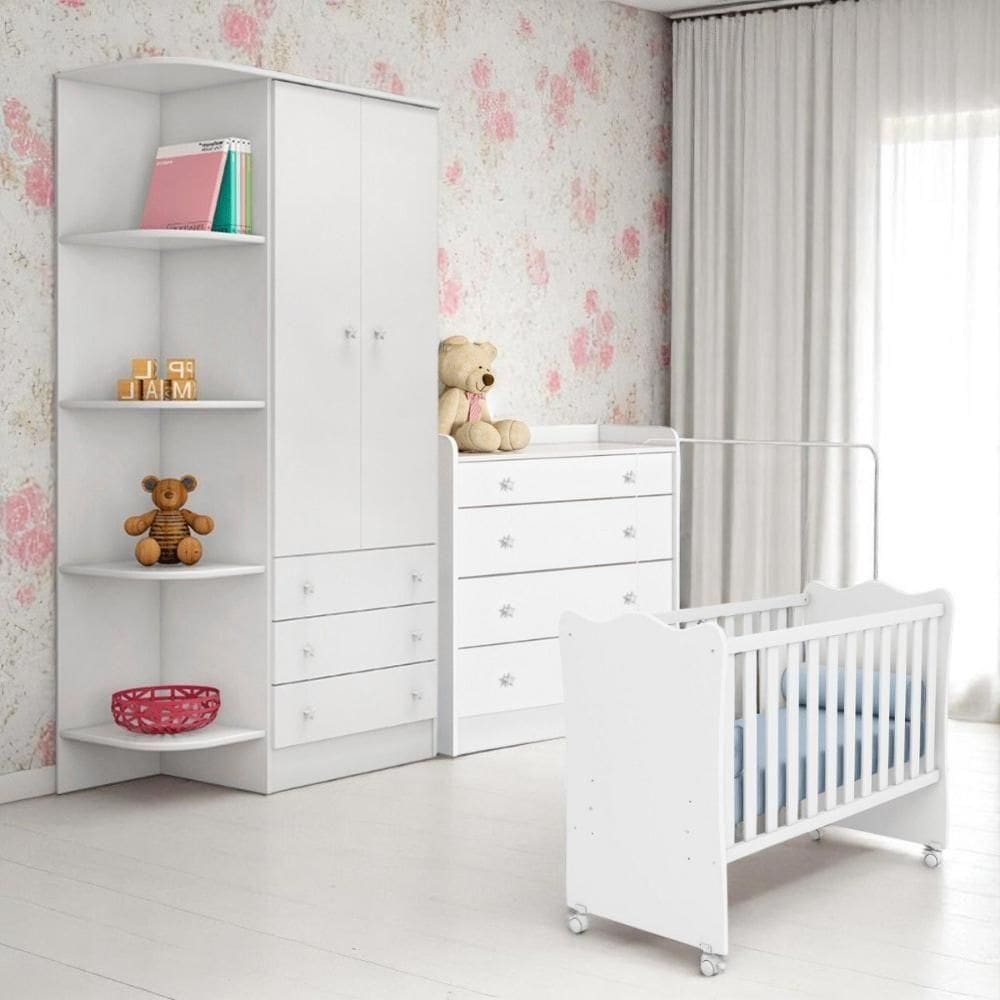 Conjunto Infantil Aurora Branco: Berço Aurora + Kit Rodízios + Cômoda Aurora + Guarda-roupa Aurora