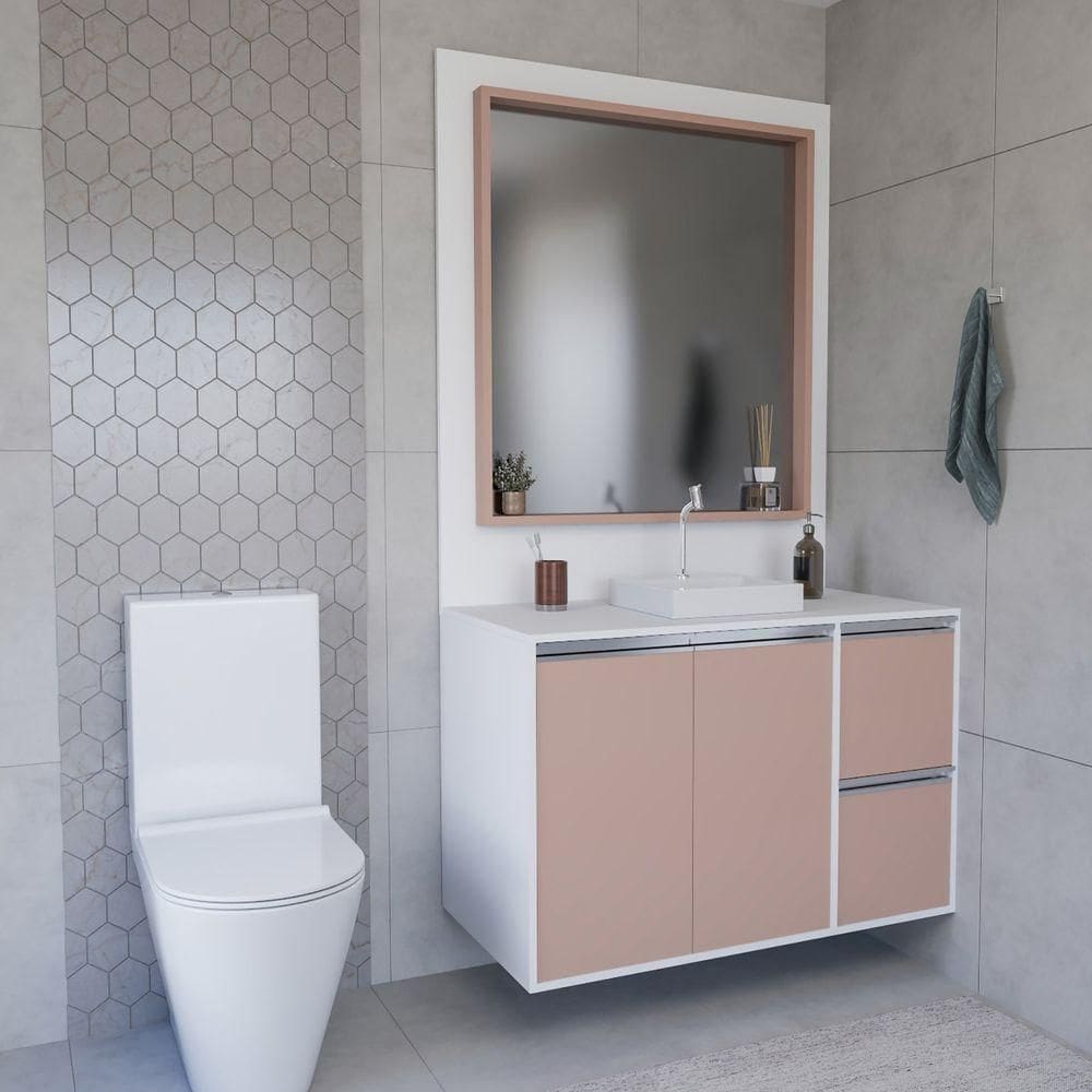 Conjunto Gabinete E Espelheira Plena Elegance 100cm Branco Salmão
