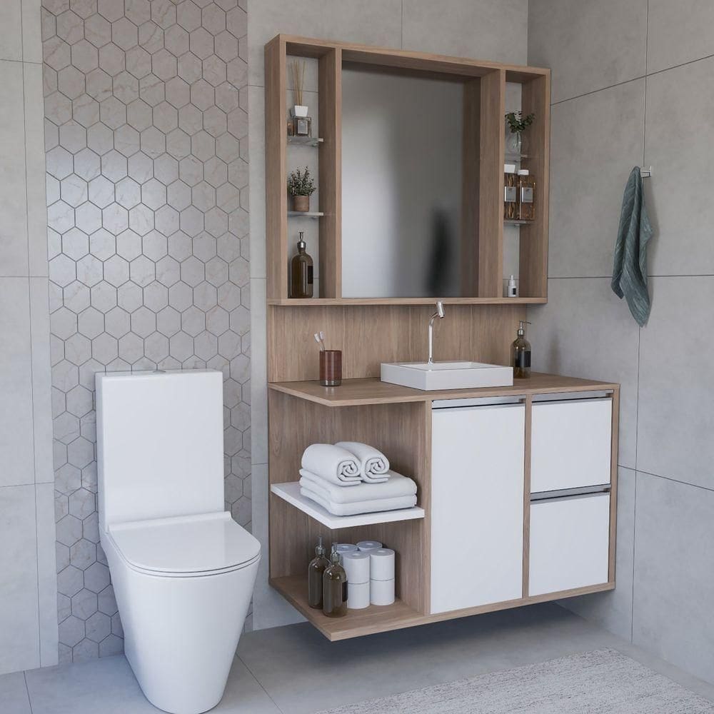 Conjunto Gabinete E Espelheira Plena Premium 100cm Freijo Branco