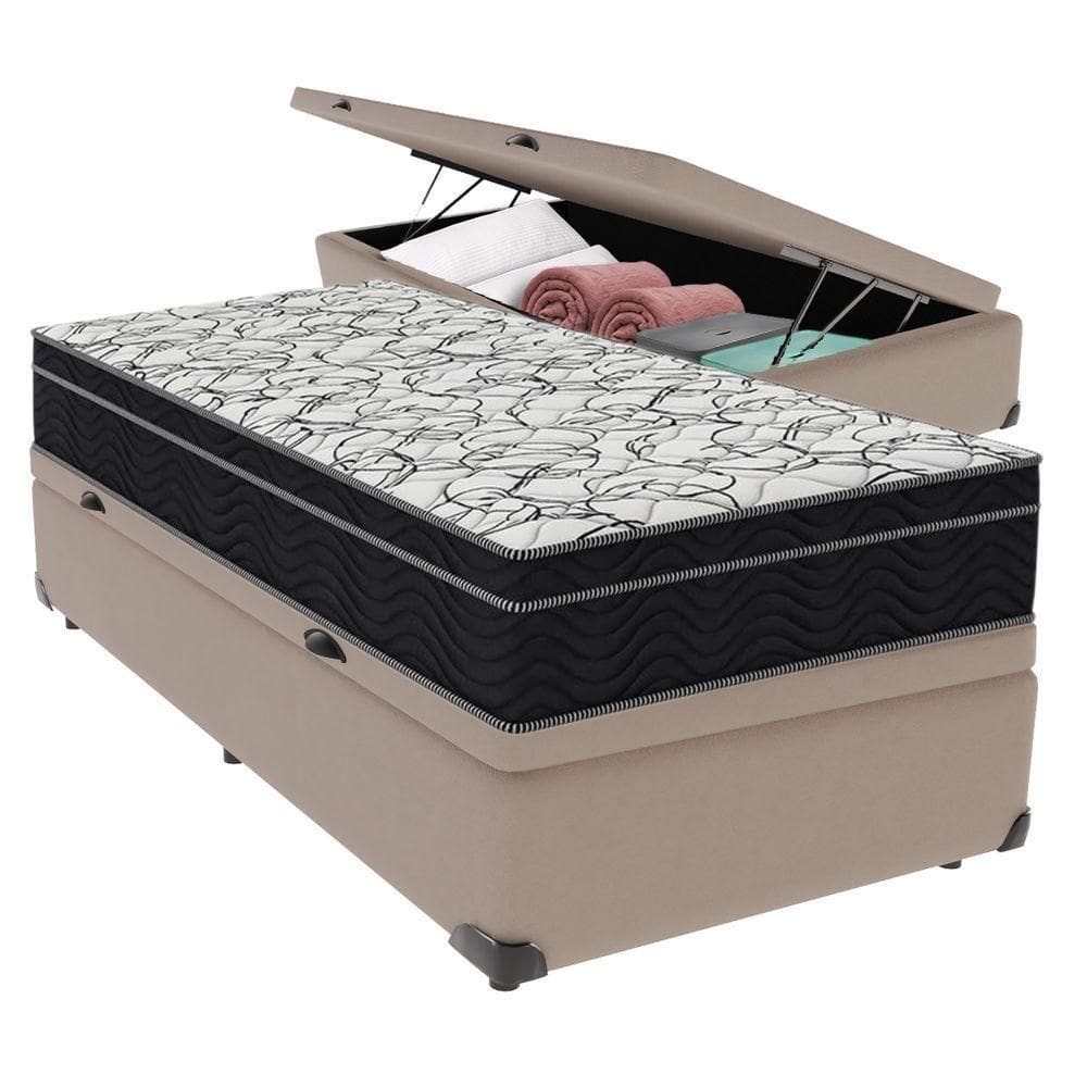 Cama + Box Com Bau Solteiro Colchão Extra Firme Airtech Ortobom D45 Bege