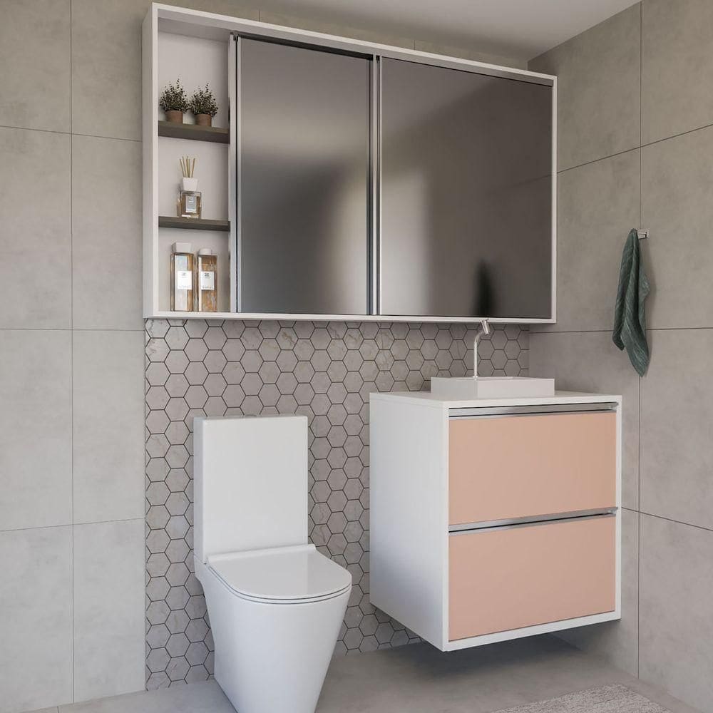 Conjunto Gabinete E Espelheira Plena Versati 60cm Salmão Branco
