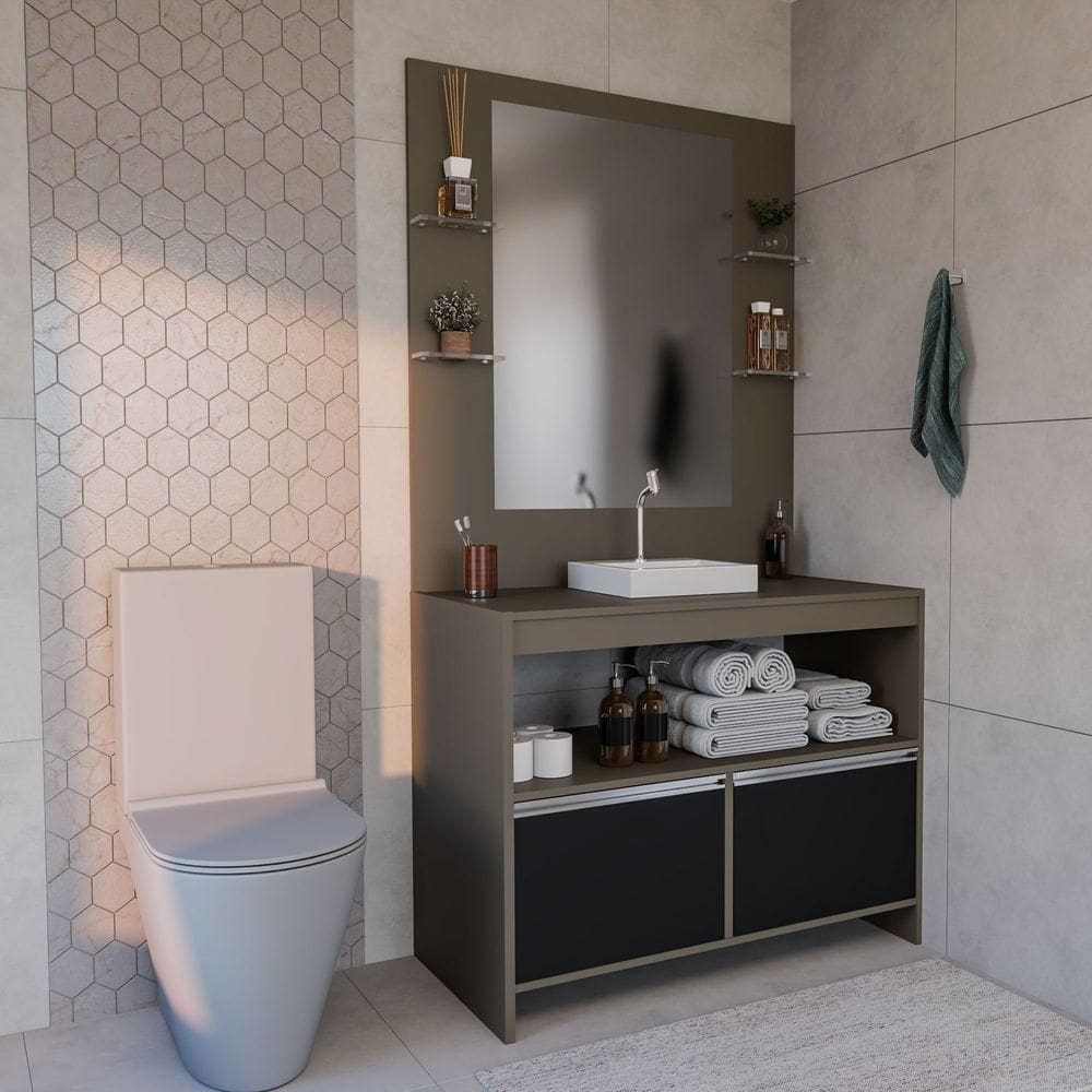 Conjunto Gabinete E Espelheira Plena Max 80cm Bronze Preto