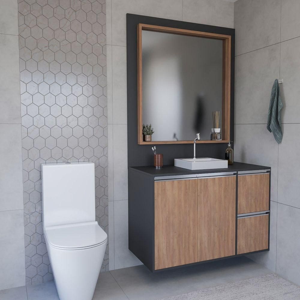 Conjunto Gabinete E Espelheira Plena Elegance 100cm Chumbo Noval Sevilha